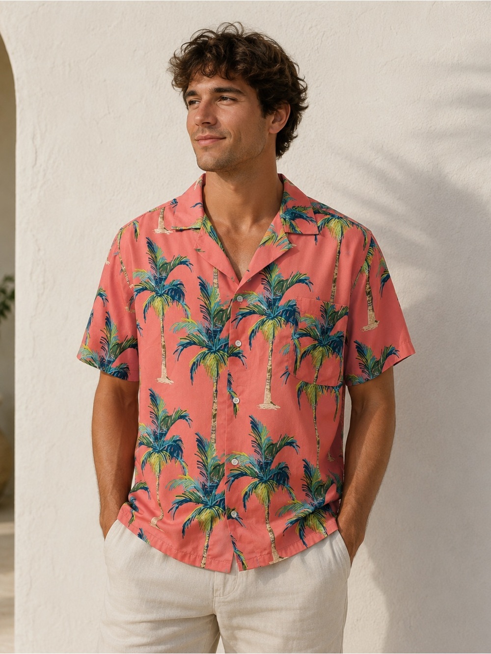 FREE PLANET Men’s Coral Pink Palm Tree Print Short Sleeve Button-Down Shirt XL